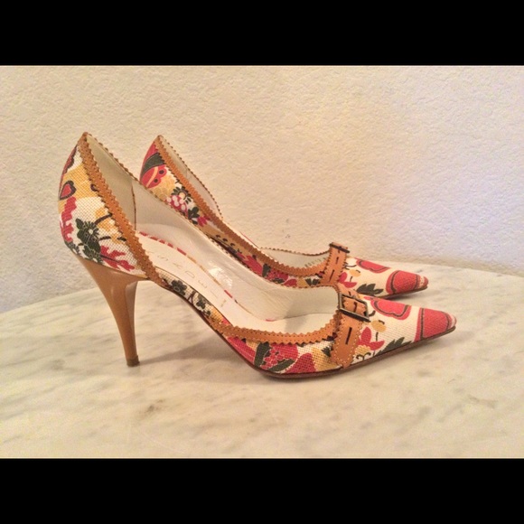 CASADEI Multicolor Canvas Brown Leather Trim Buckle Accent Heels Wm 5.5 B ITALY